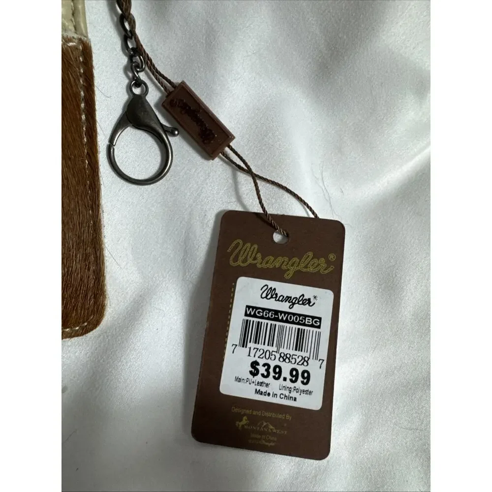 Wrangler Aztec Print Mini Zip Wallet ID Credit Card Holder Tan Hair On Hide NWT